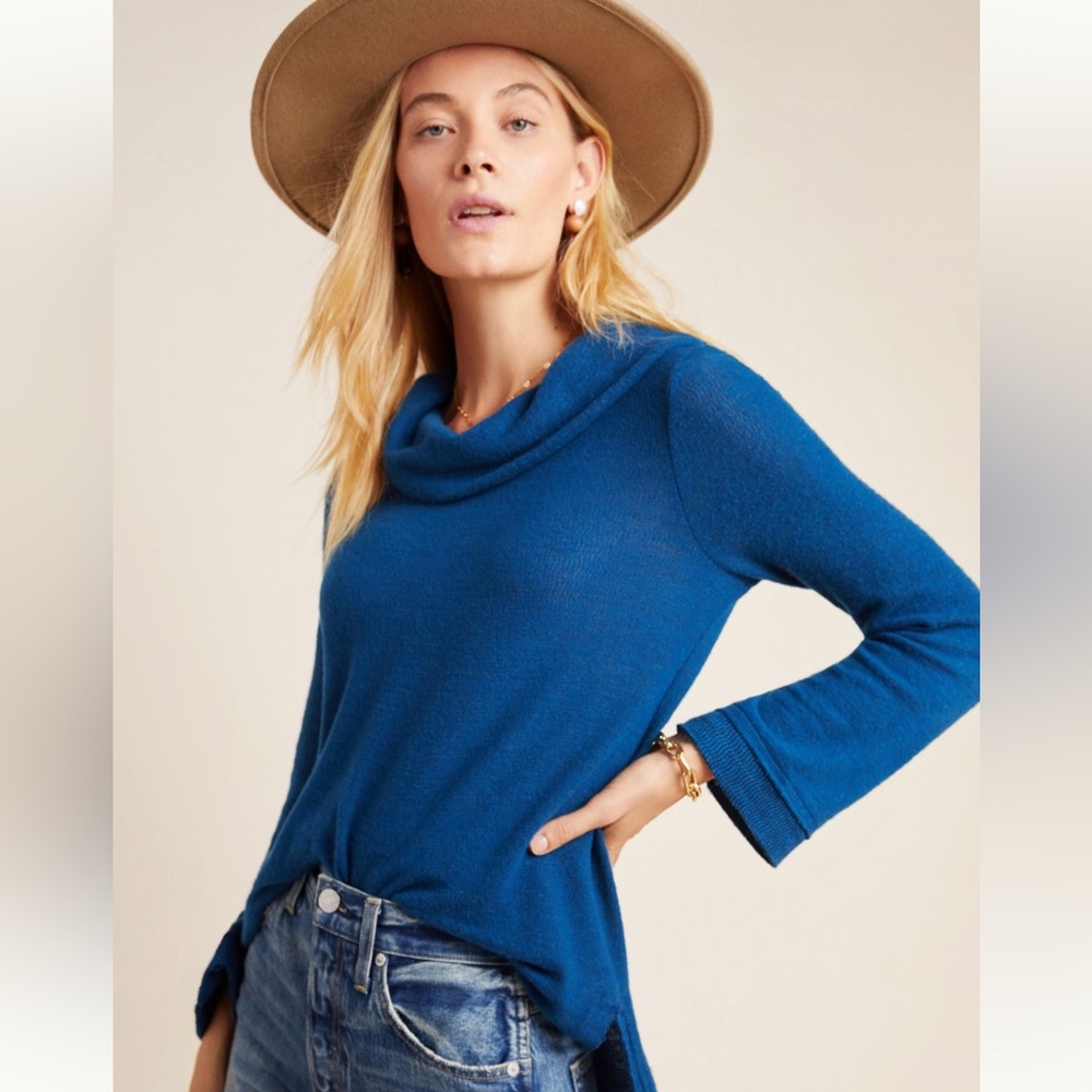 Anthropologie Maeve Tunic‎ Knit Cerulean Blue Cowl Neck Sweater XS/s Boho Chic